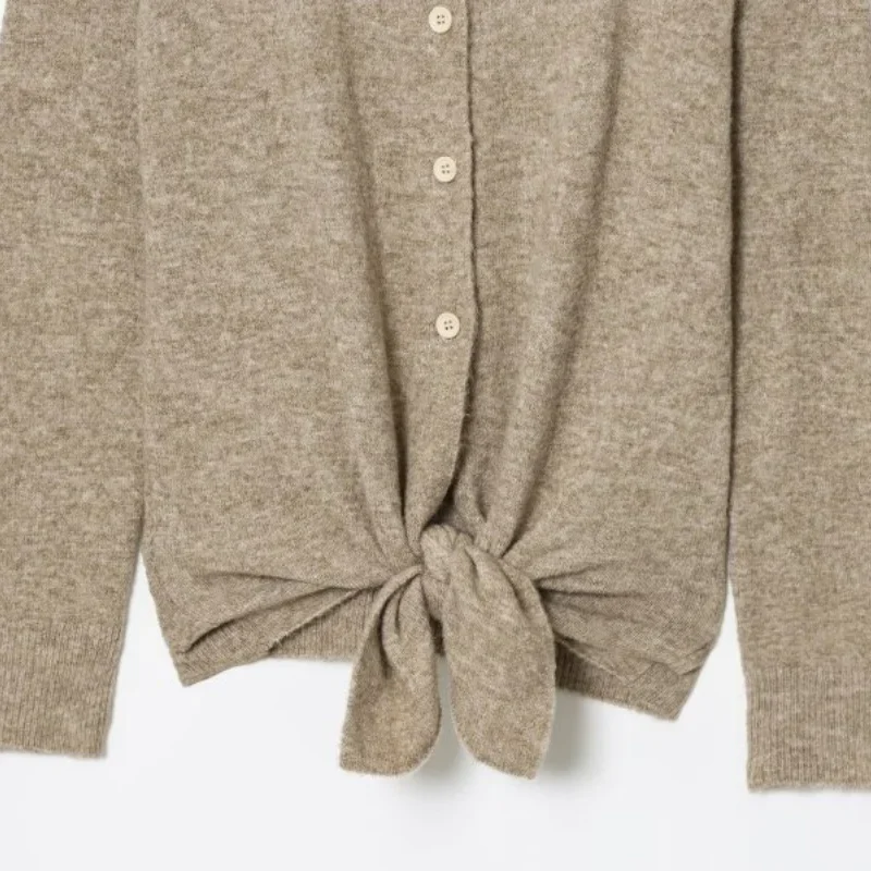 Botão camisola de malha topos bainha gravata um nó design mangas compridas moda senhora do escritório outono inverno quente streetwear casaco