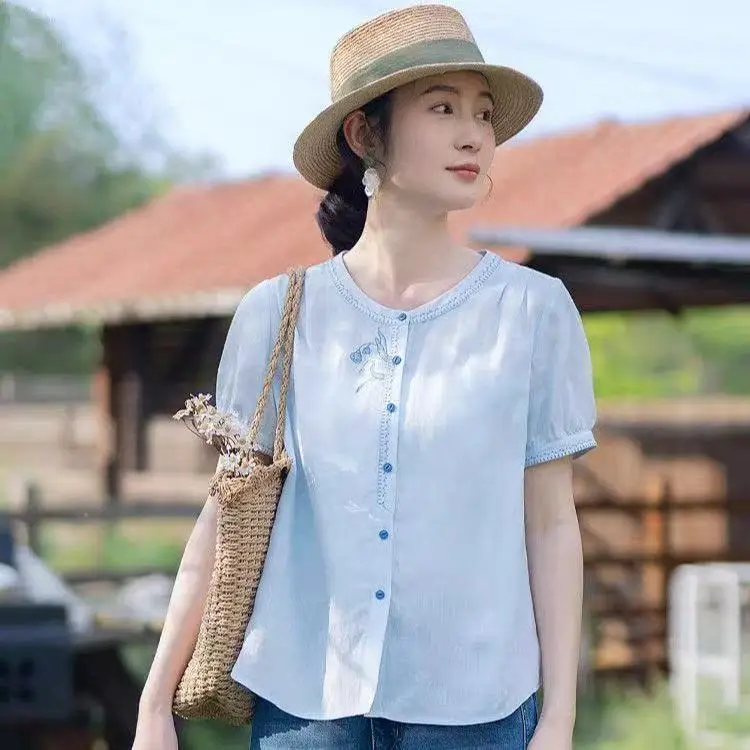 

Short Sleeve Shirts Womens Chiffon Pleated Pintuck Bat Sleeve Top Vintage French Romantic Artistic Preppy Girlish Spring Blouse