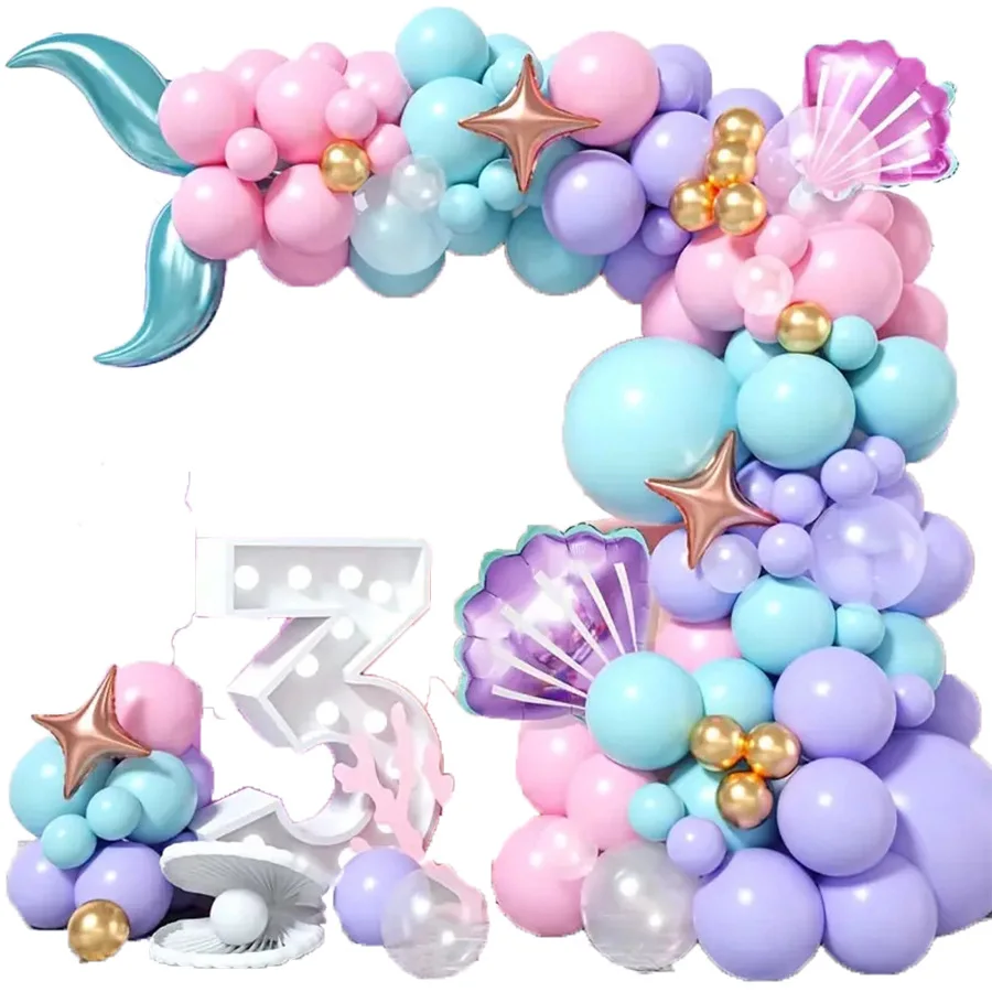 98-Piece Set of Mermaid-Themed Balloon Set Mini Shell Blue Fish Tail Foil Balloons Ocean-Themed Party Decoration Birthday Wedding Scene Arrangement