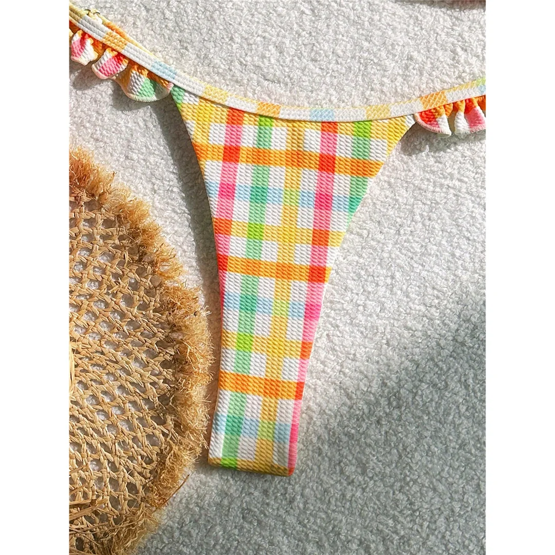 XS - L Bunter Karo-Rüschen-Tanga-Bikini, Damen-Badeanzug, zweiteiliger Bikini-Set, Badebekleidung, Badeanzug, Schwimmanzug V6974 – Detail 11
