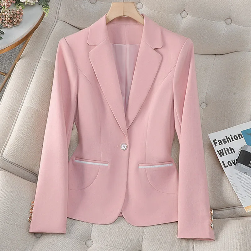 

Office Ladies Blazer Women Jacket White Pink Long Sleeve Single Button Female Business Work Wear Slim Formal Coat Outerwear Tops