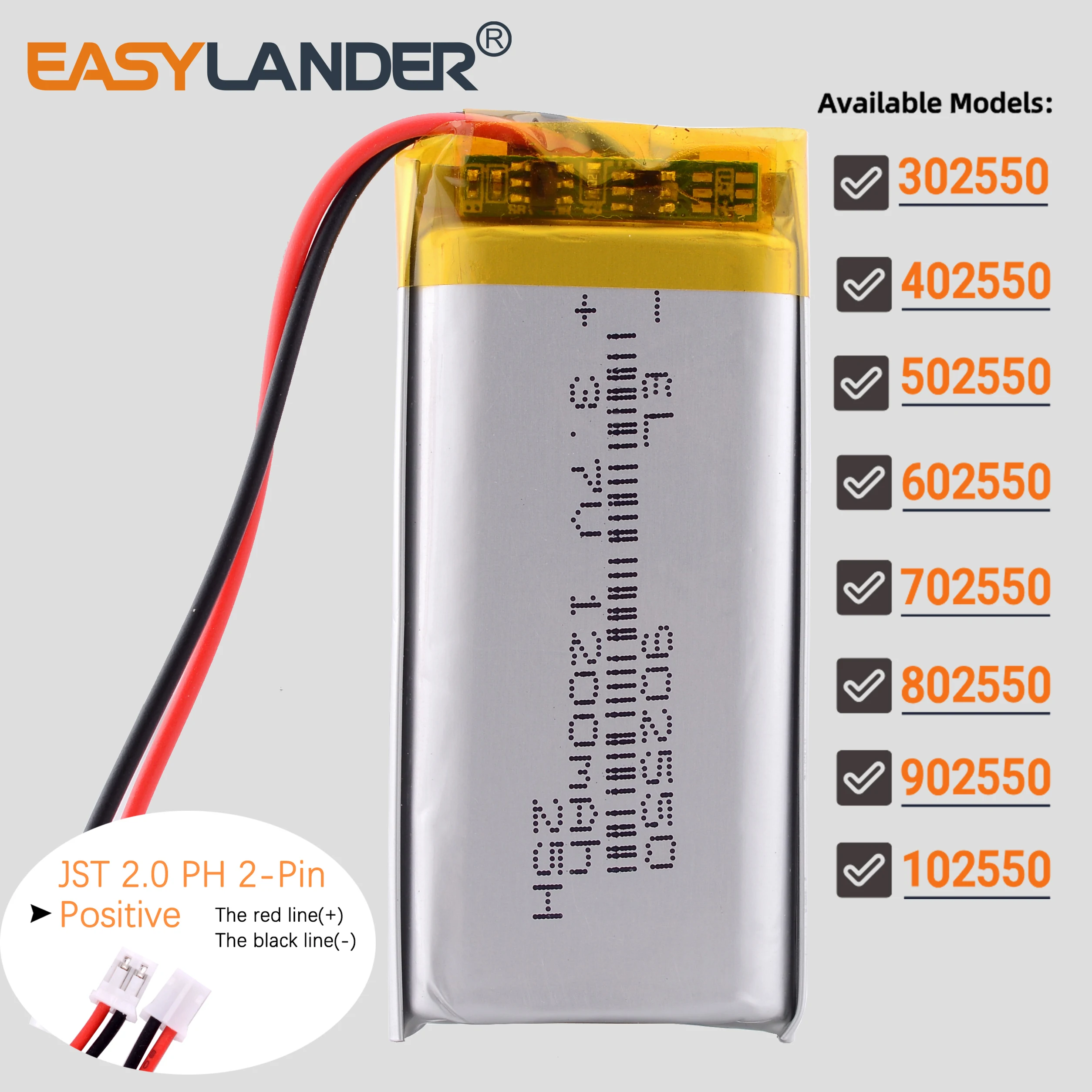 JST2.0 2P 3,7 V 902550 1200mAh Li-ion polímero batería de litio baterías Lipo 302550 402550 602550 702550 802550 502550 102550