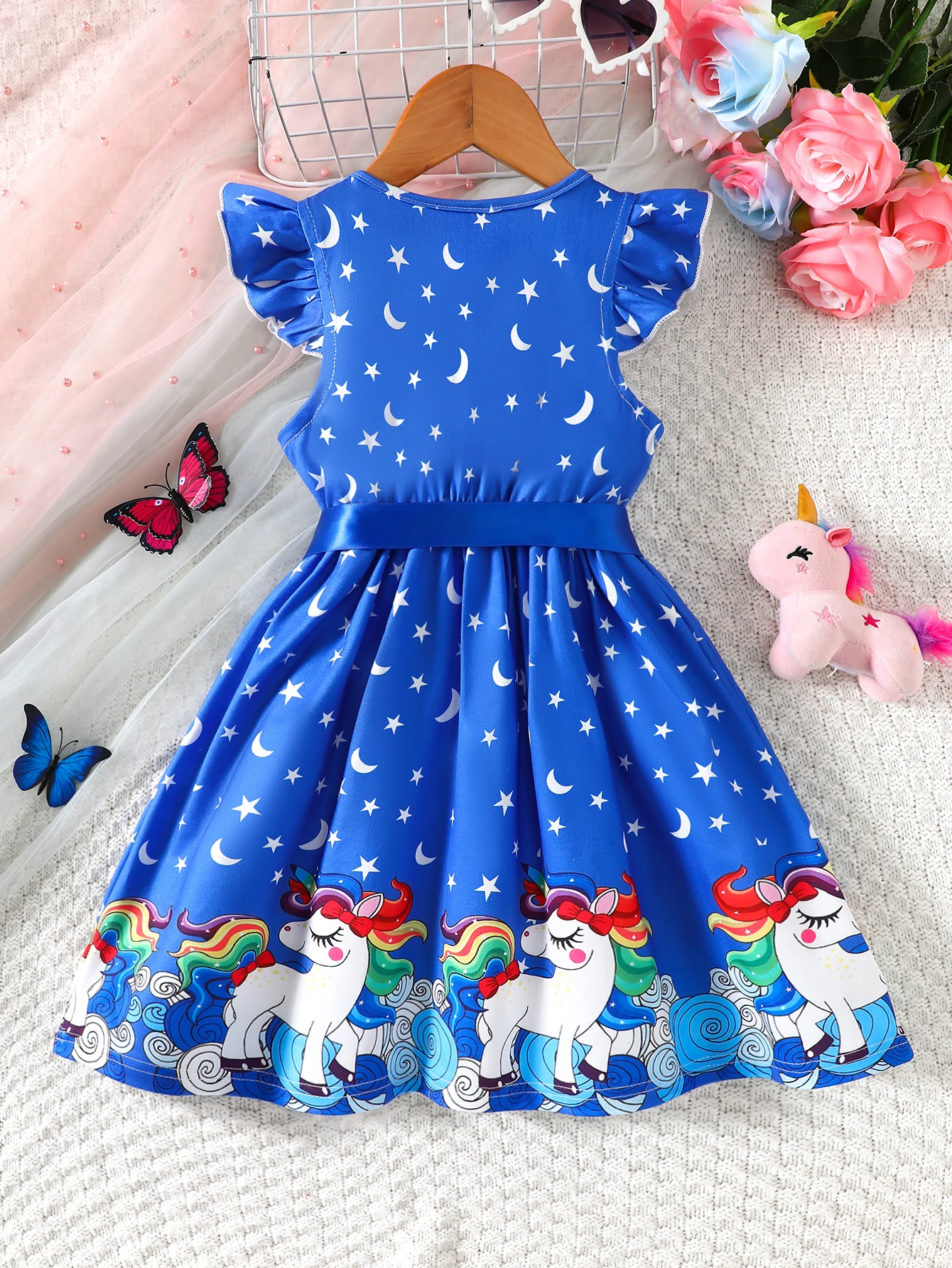 Girls Casual Fashion Knitted Round Neck Flying Sleeve Ruffle Butterfly Digital Print Unicorn Rainbow Positioning Digital Print Dress with Ribbon Beach Vacation Holiday Party Dress