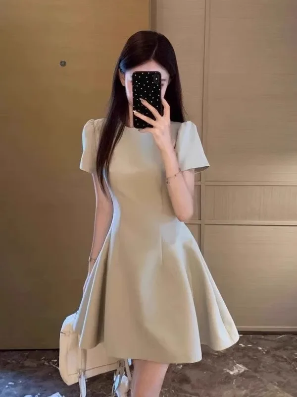 Green Short Sleeve Dress Women's Summer 2025 New Small Size Elegant Dress Skirt Waist Cinching Short Dress Commute Style