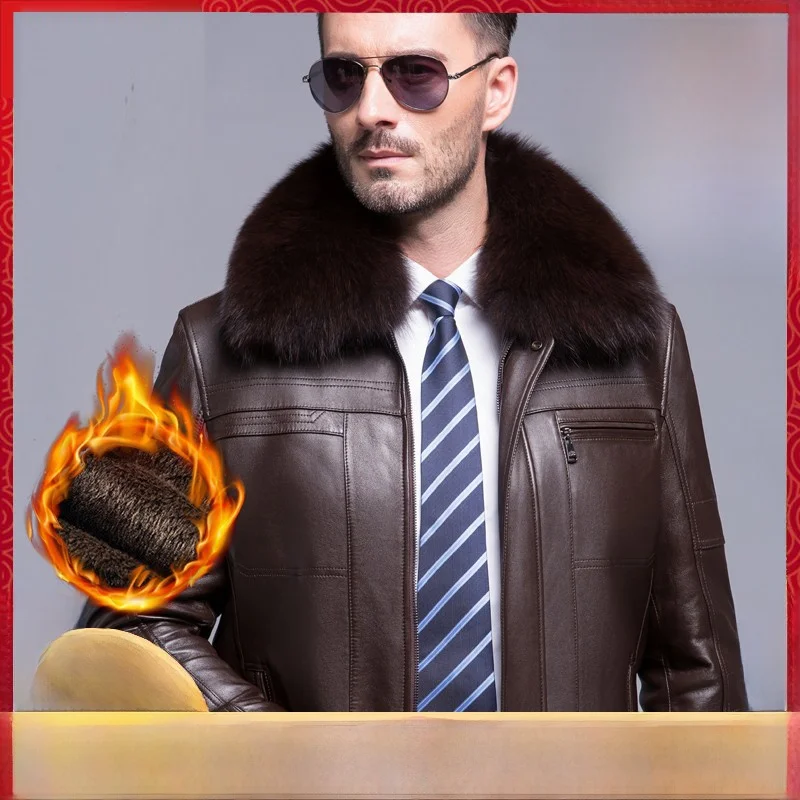 

Мужская утепленная куртка из натуральной кожи с флисовой подкладкой, с воротником, в стиле «папин пиджак», для делового и повседневного образа, зимняя верхняя одежда, пальто из овчины