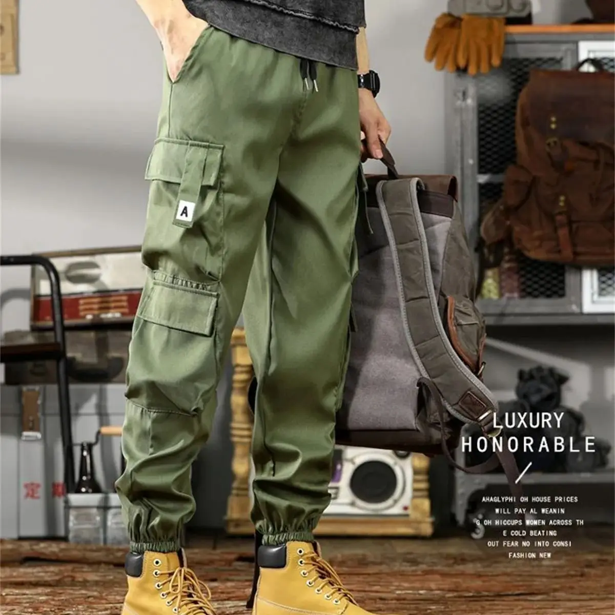 

Elastic Oversized Casual Workwear Pants for Men's Loose Cropped Sports Pants Cool Black Cargo Pants Armygreen Pants Men