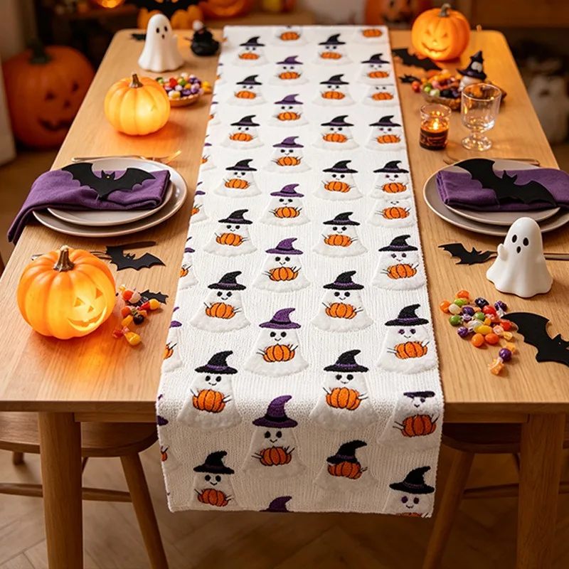 Halloween Table Runner Cute Ghost Witch Hat Pumpkin Embroidery Plush Fabric Table Runner Farmhouse Style Dining Table Decor