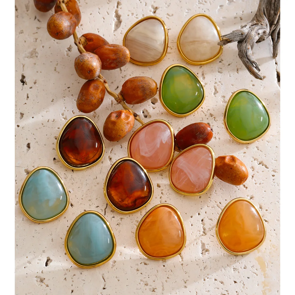 Yhpup Multi-Color Stainless Steel Acrylic Resin Popular Stud Earrings Spring Summer Gold Color Fashion Daily Jewelry PVD Plated