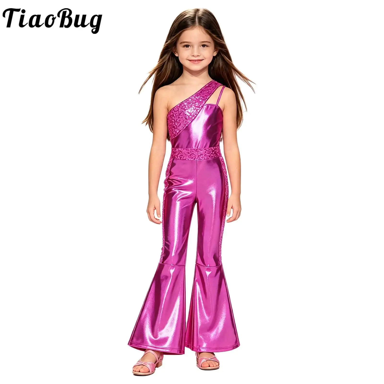 Teen Girls Metallic Shiny Disco Jazz Dance Jumpsuit Sleeveless Sequins Flared Pants Rompers Birthday Pageant Party Prom Costume