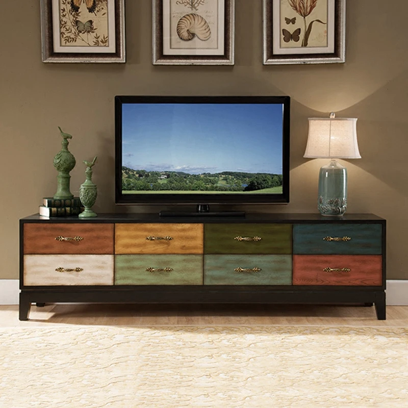 Solid wood painted TV cabinet coffee table combination set, small apartment retro storage Mediterranean video cabinet
