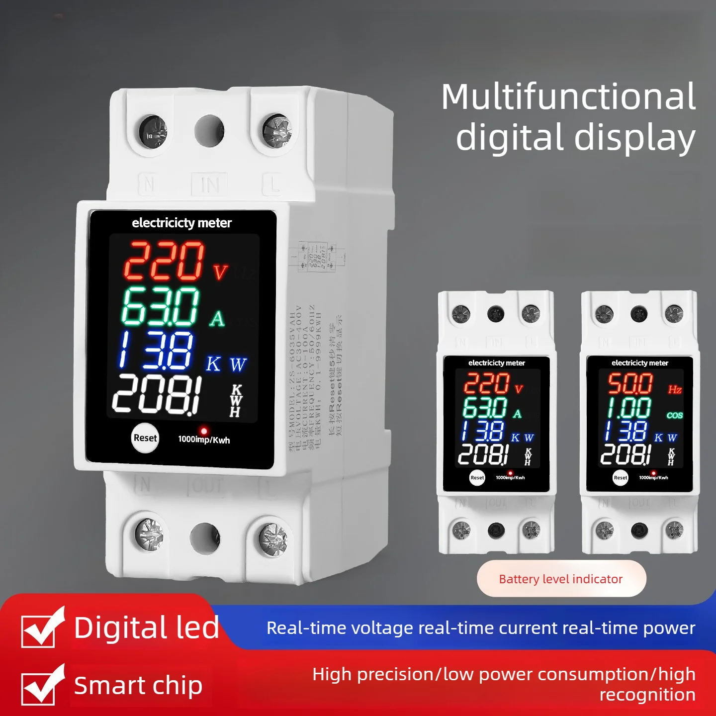 Digital Energy Meter Din Rail Electricity Usage Monitor AC30-400V Voltmeter Ammeter Watt Kwh Frequency Power Meter