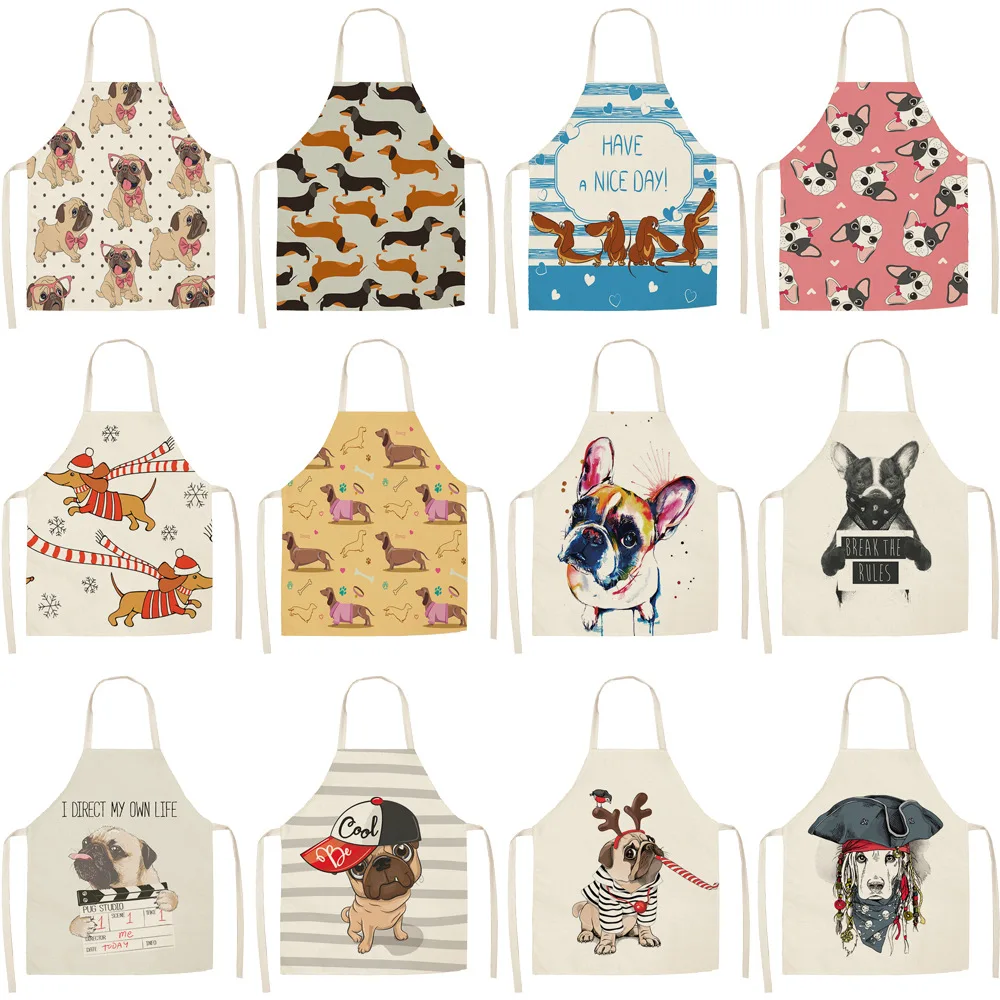 1 Pcs Cotton Linen BullDog Dog Print Kitchen Aprons Unisex Dinner Party Cooking Bib Funny Pinafore Cleaning Apron