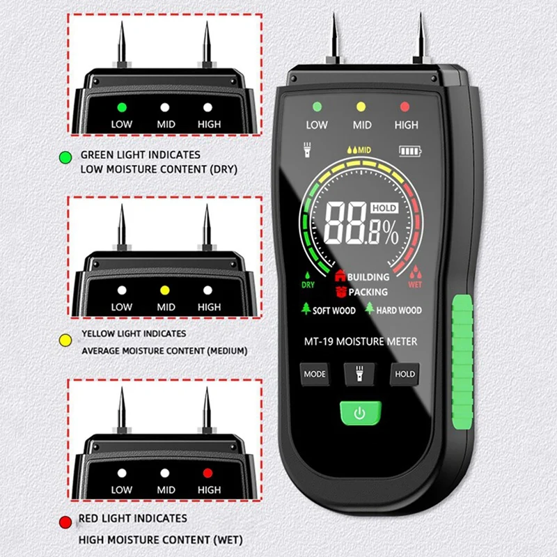 MT19 Color Screen Wood Moisture Meter Wall Moisture Content Tester Paperboard Humidity Detector Cement Brick Moisture Durable