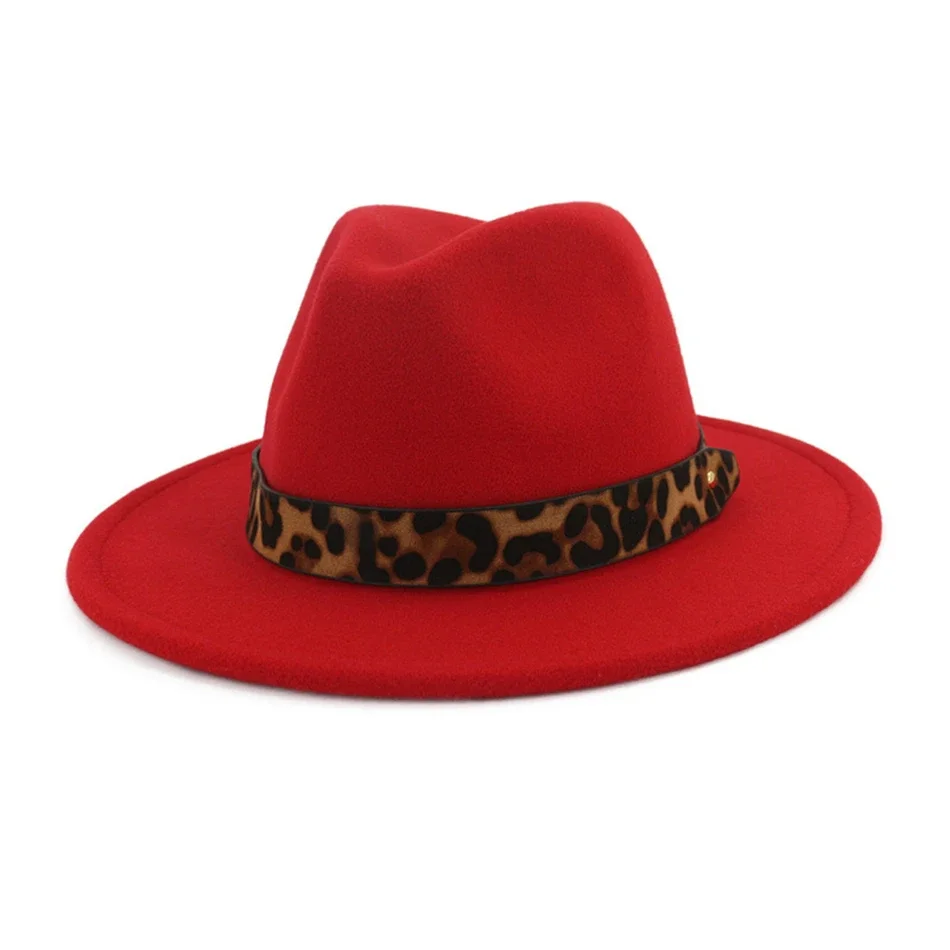 

HOAREE Red Fedora Hats For Women Wide Brim Leopard Belt Tribby Hat Ladies Woolen Jazz Cap Female Winter Vintage Fashion Hat