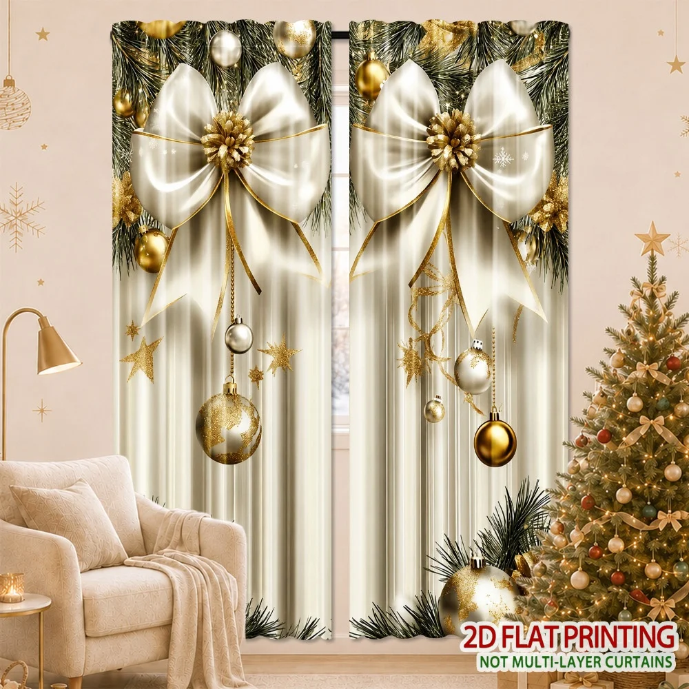 2PCS Christmas Curtains, White Bow Gold Ball Pine Star, Digital Print, Bedroom Living Room, Rod Pocket Polyester, Home Decor