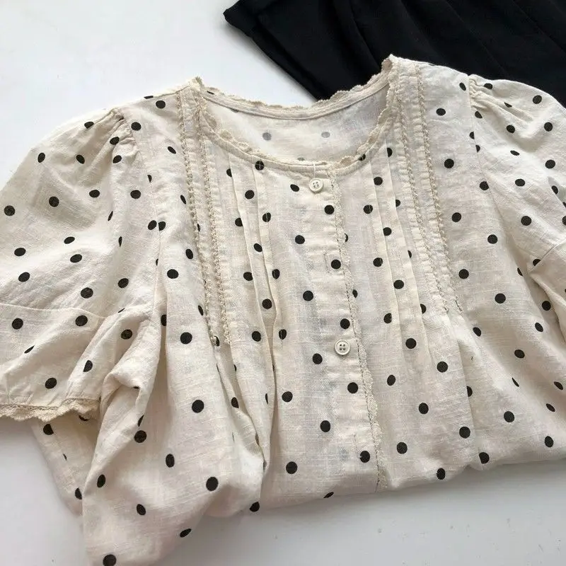 

Elegant Polka Dot Print Lace Trim Short Sleeve Blouse Baby Shirt Versatile Top