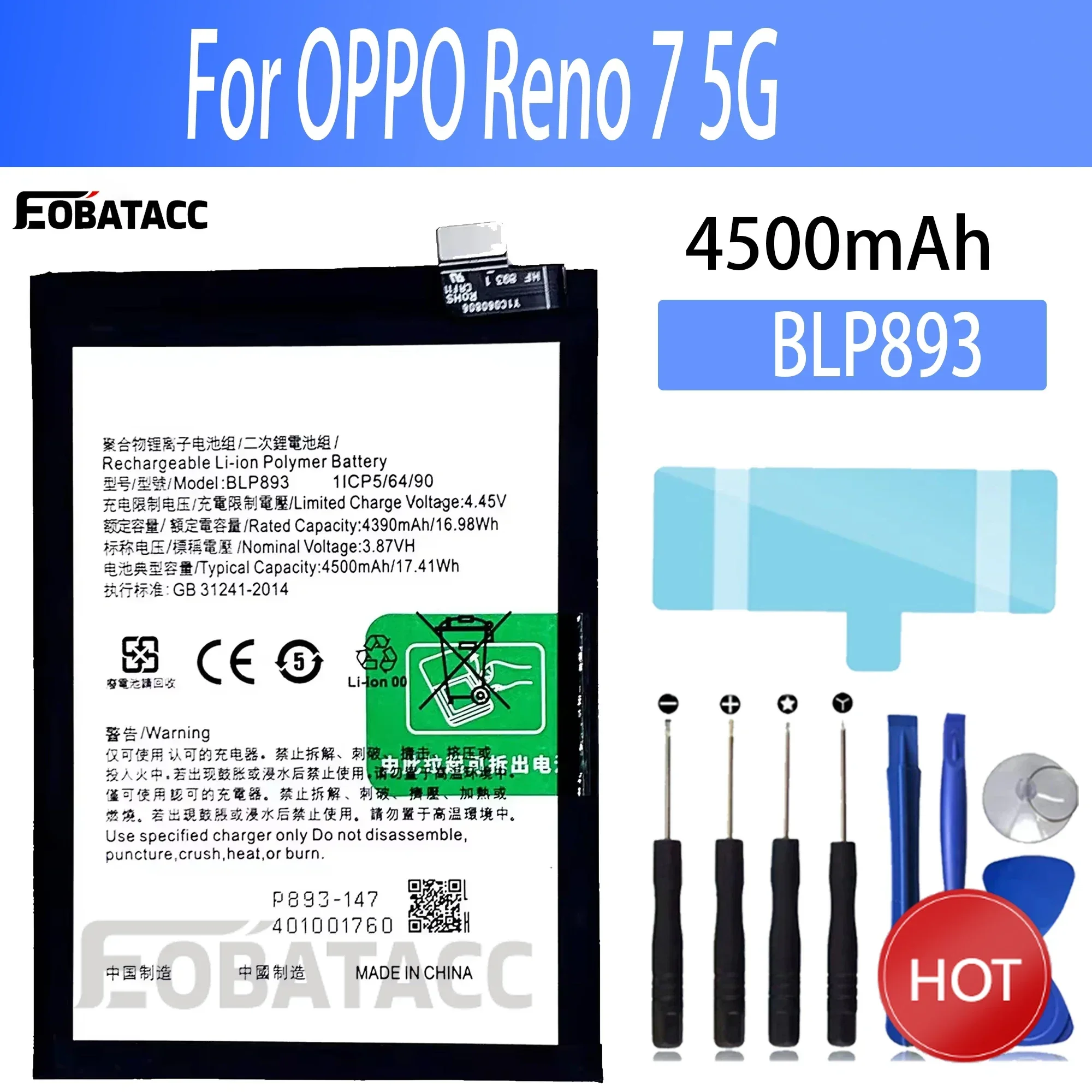 100% New Original Battery BLP893 For OPPO Reno 7 5G  Battery + Free Tools