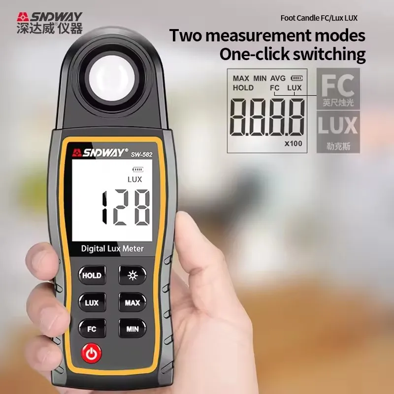 SNDWAY Digital Lux Meter SW-582 Light Meter 199,900 Lux Rotatable Sensor Lux/FC High Precision Illuminometer Photometer Tester
