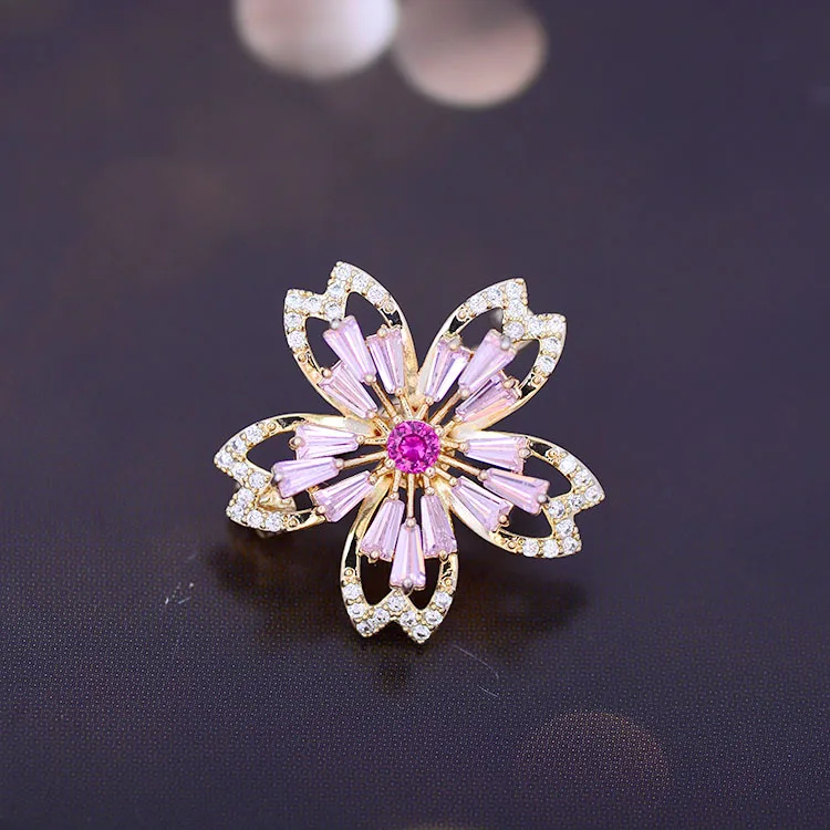 Chinese Style Auspicious Lucky Peach Blossom Inlaid Zircon Brooch Modesty Pin For Women Collar Decor Blessing Good Fortune Gift
