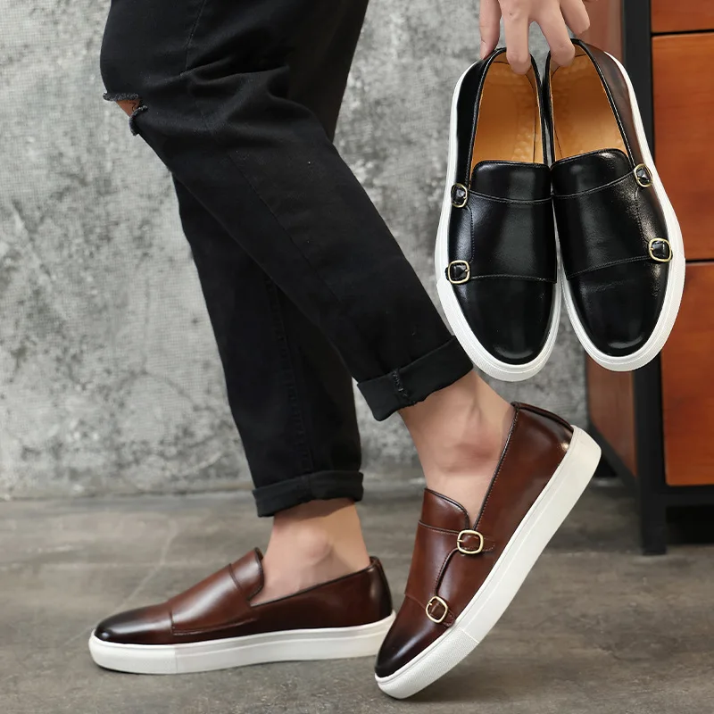 Designer Men Classic Retro Monk Loafers Men's Slip-on Casual Leather Shoes