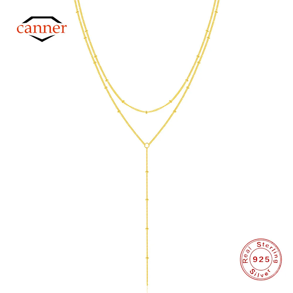 

CANNER 925 Sterling Silver Classic Double Layer Chain Y Line Necklace For Women Smooth Round Bead Simple Necklace Wedding Gift