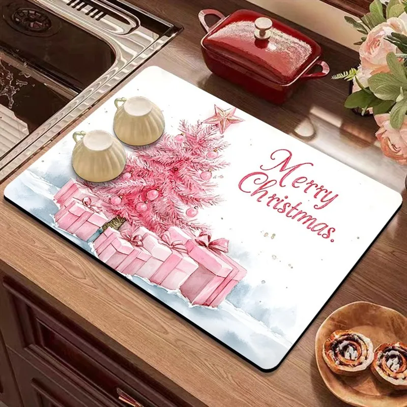 VIKAMA Diatomite Drying Mat Super Absorbent Quick Dry Non-Slip Easy to Clean Kitchen Counter Welcome Plaid Xmas Trees