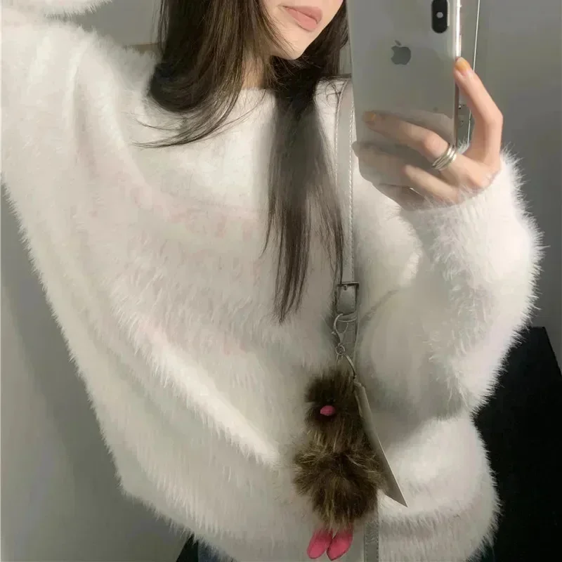 Korean Soft Woolen Sweaters For Women Letter Print Long Sleeve Knitting Pullover Solid Loose Sweaters Casual Plush Top