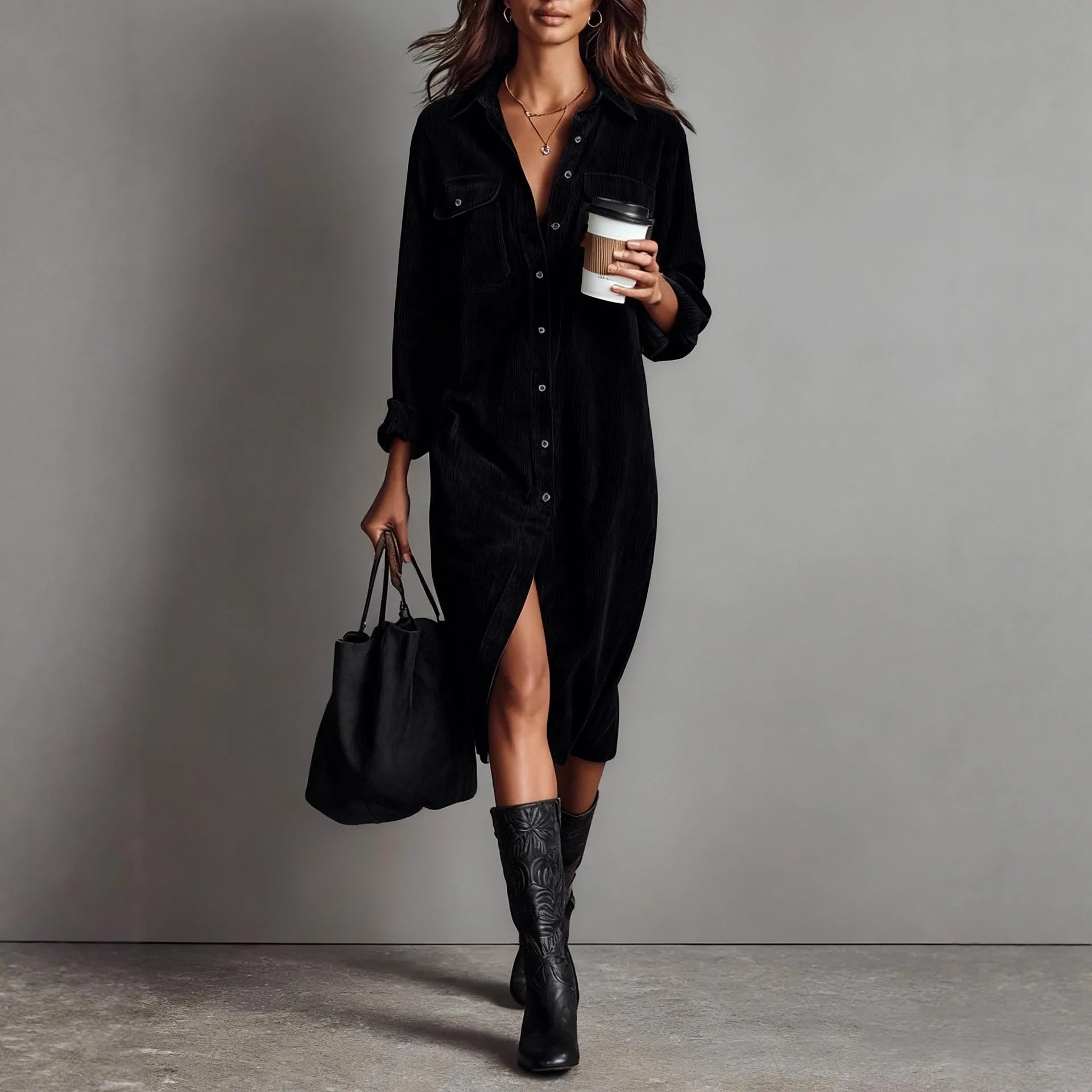Women's Long Sleeve Corduroy Midi Dress Brown Corduroy Loose Waist Button Front Side Slit Tunic Dress Dark Brown Solid Color