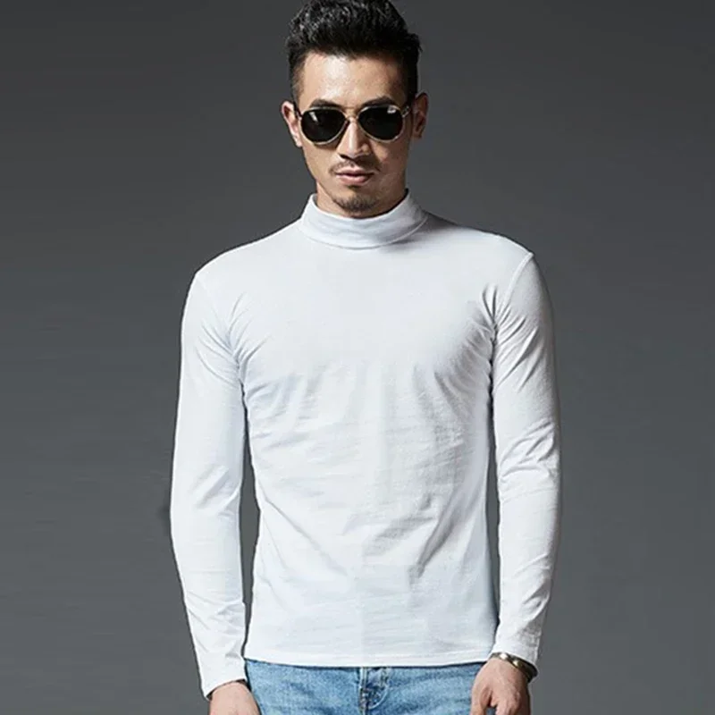 Casual Mens Thermal Underwear Slim Turtleneck Tops Long Sleeve Solid Color Basic Tops T-shirt Undershirts Pullover Men Clothing