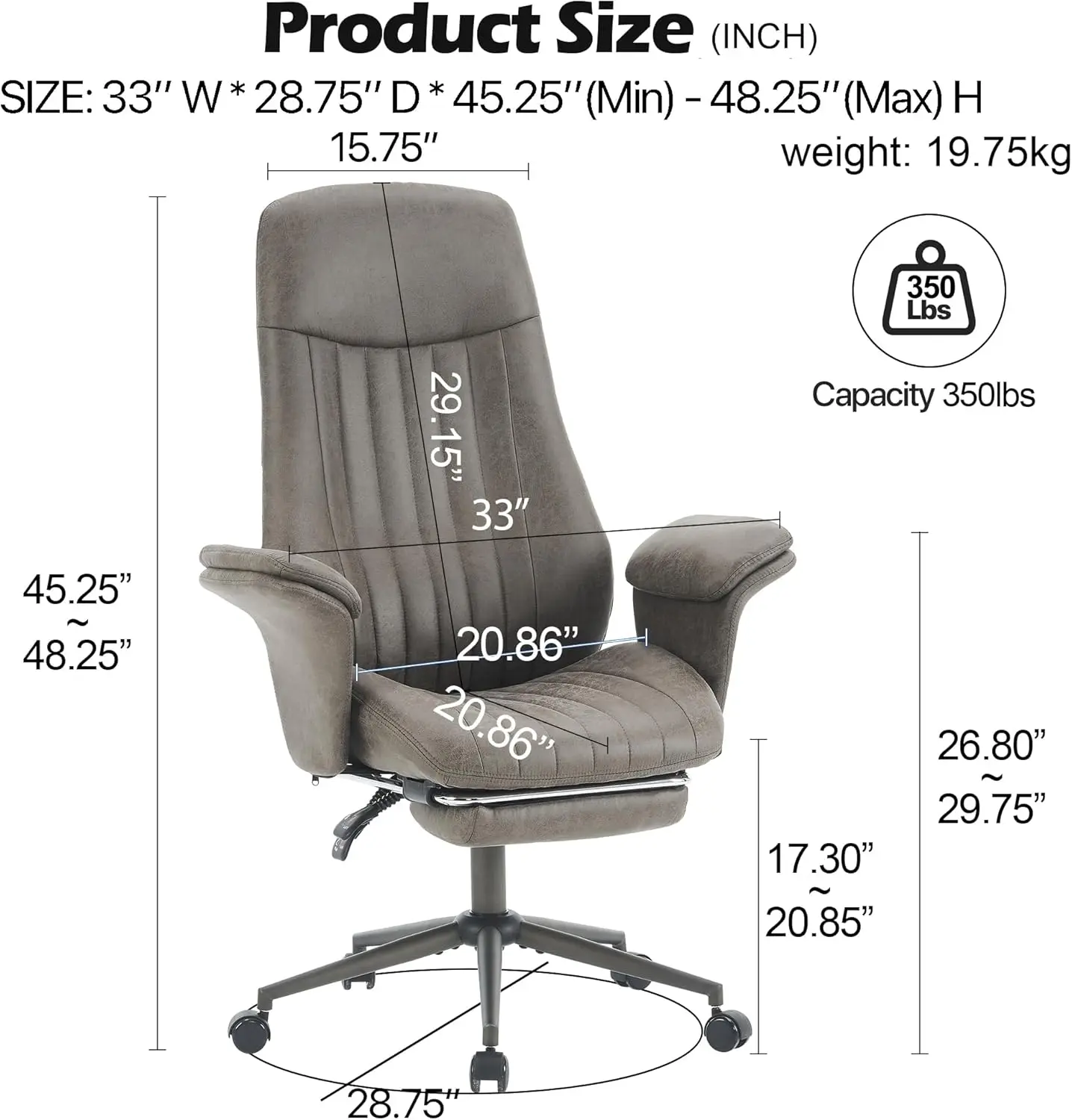 Home Office Use, Faux Suede Leather Material, Grey Color, Ergonomic with Footrest, Mid-Century Modern Luxury Design