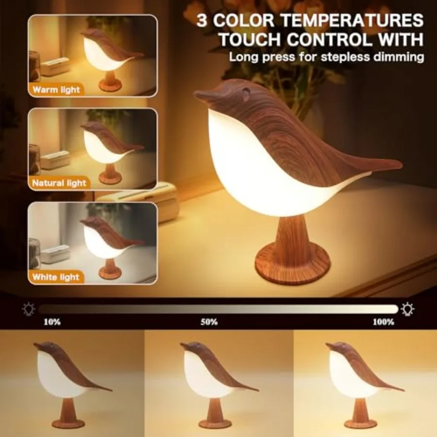 2 in 1 Small Desk Lamp, Bird Cordless Table Lamp with 3 Color Temperature Dimmer and Touch Sensor - Rechargeable Battery Night view 3