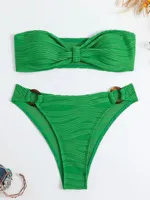 Sexy Bandeau Bikini Women Front Tie Up Swimsuit 2025 Green Black Off Shoulder Cut Out Push Up Bathingh Suits Triangle Swimwear