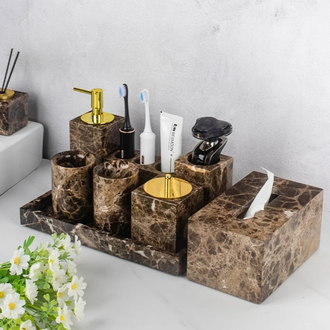 

Luxury Natural Marble Bathroom Accessories Set Brown Toothbrush Holder Soap Dish Dispenser Home Decoration Decor Storage