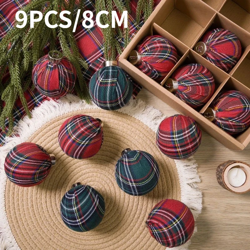 9個入り-8cm-赤と青のクリスマスボールオーナメント-布製グリッド-クリスマスツリーパーティーデコレーション-クリスマス球体ペンダントセット-2026年新作