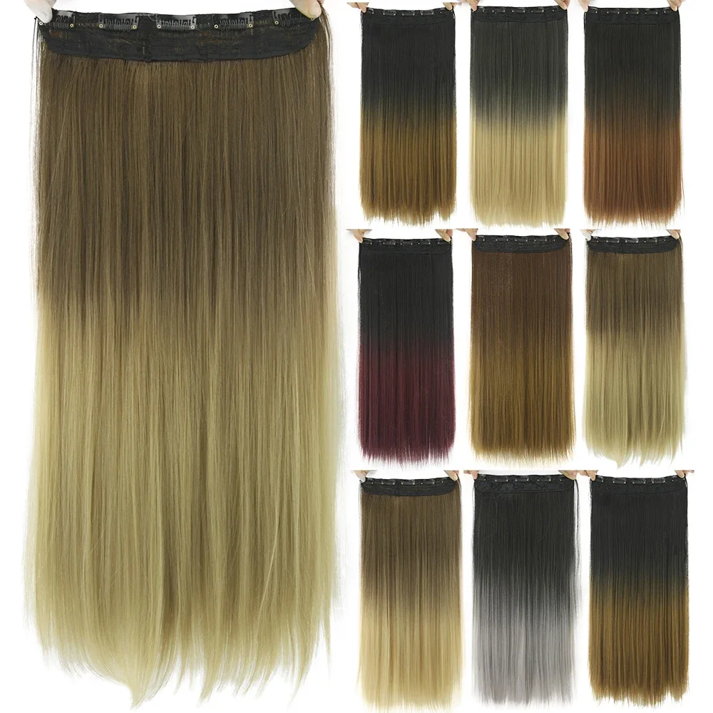 

Synthetic Straight Brown Ombre One Piece Clip in Hair Extensions Hairpiece Fake Hair on Hairpins for Women Cabelo