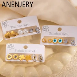 ANENJERY 316L Stainless Steel 6 Pieces Eyes Heart Zircon Flower Earrings For Women Simple Fashion Niche Design Jewelry Wholesale