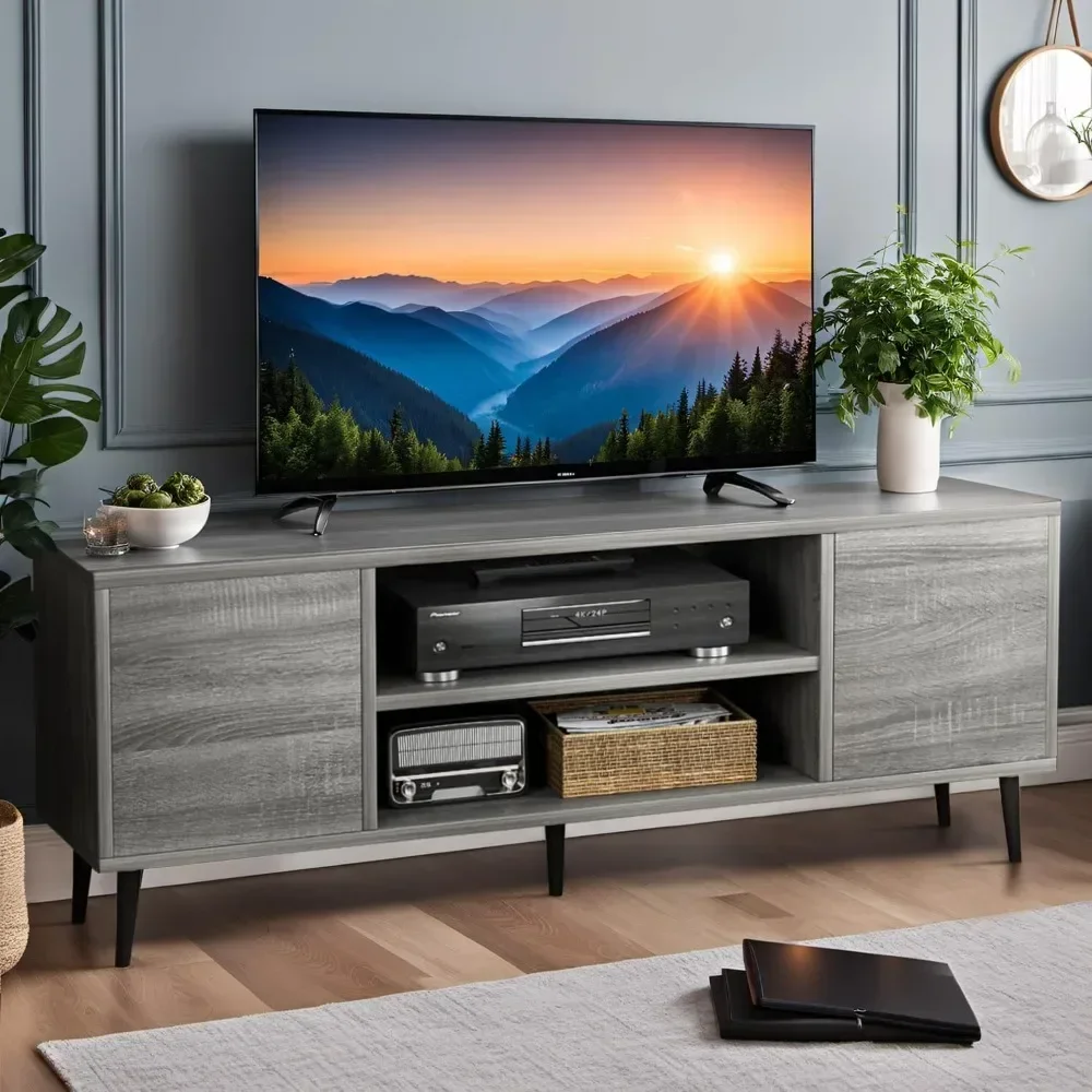 Modern TV Stand for 65" Television, Entertainment Center with Two Storage Cabinets, Retro Style Media Console for Living Room image 2
