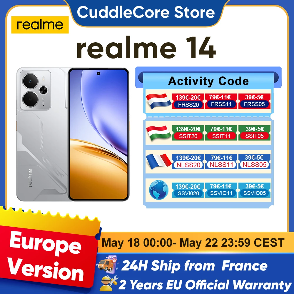 realme 14 5G Smartphone processeur Snapdragon 6 de 4e génération, batterie Titan de 6 000 mAh, écran AMOLED de 6,67 pouces à 120 Hz, recharge rapide de 45 W, appareil photo de 50 Mpx, NFC