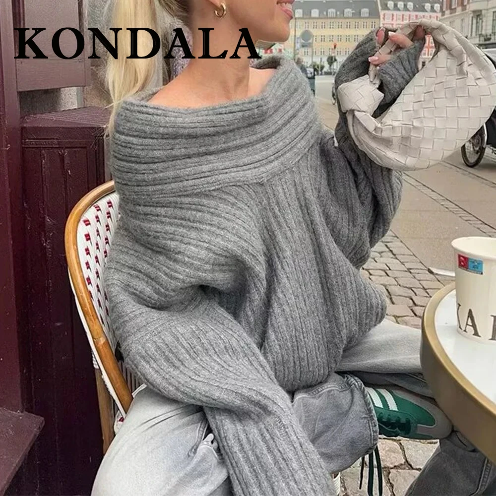 KONDALA Chic Autumn Knit Solid Straight Collar Long Sleeve Women Sweater Boat Neck Fashion 2025 Casual Folds Female Knitwear