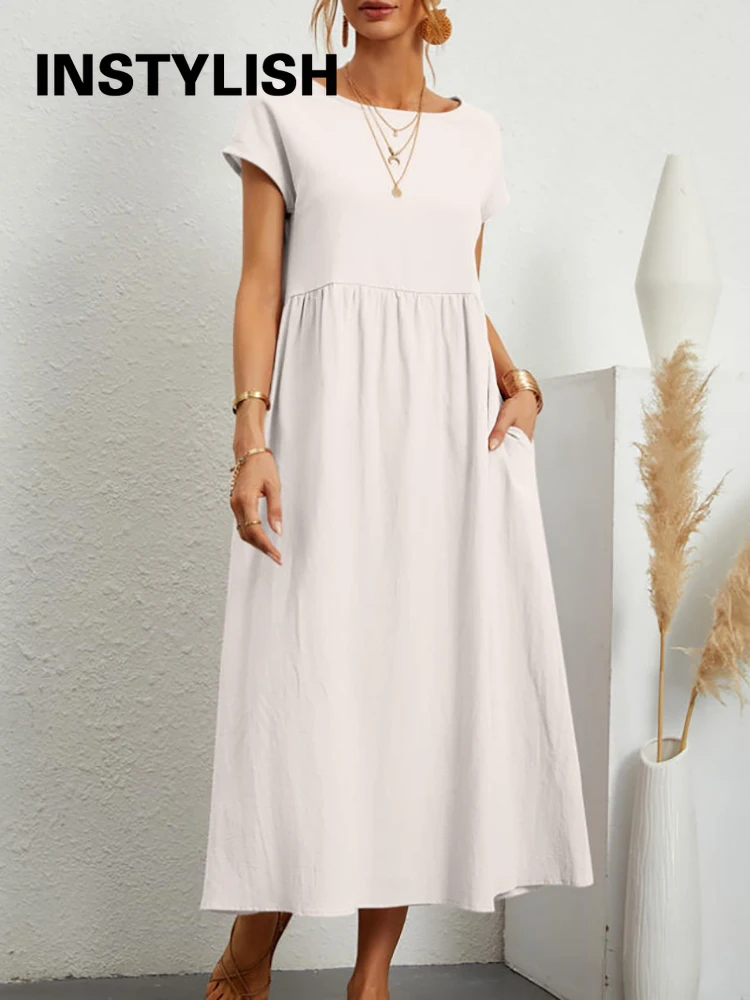 Vintage Solid Midi Dress Casual Short Sleeve Cotton and Linen Harajuku Oversized Long Dress Women Summer Y2K Maxi Sundress 2022