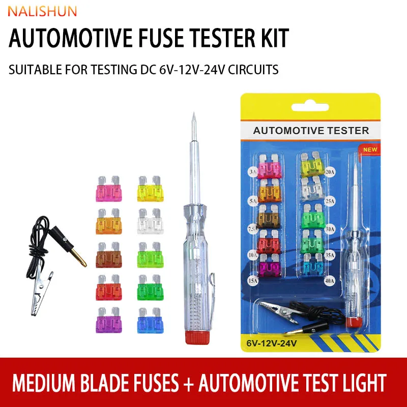Automotive Fuse Tester Kit With 10PCS Medium Blade Fuses, DC 6V-24V Test Light Pen, Multi-Amp Fuse Set For Car, Truck, Motorcycl
