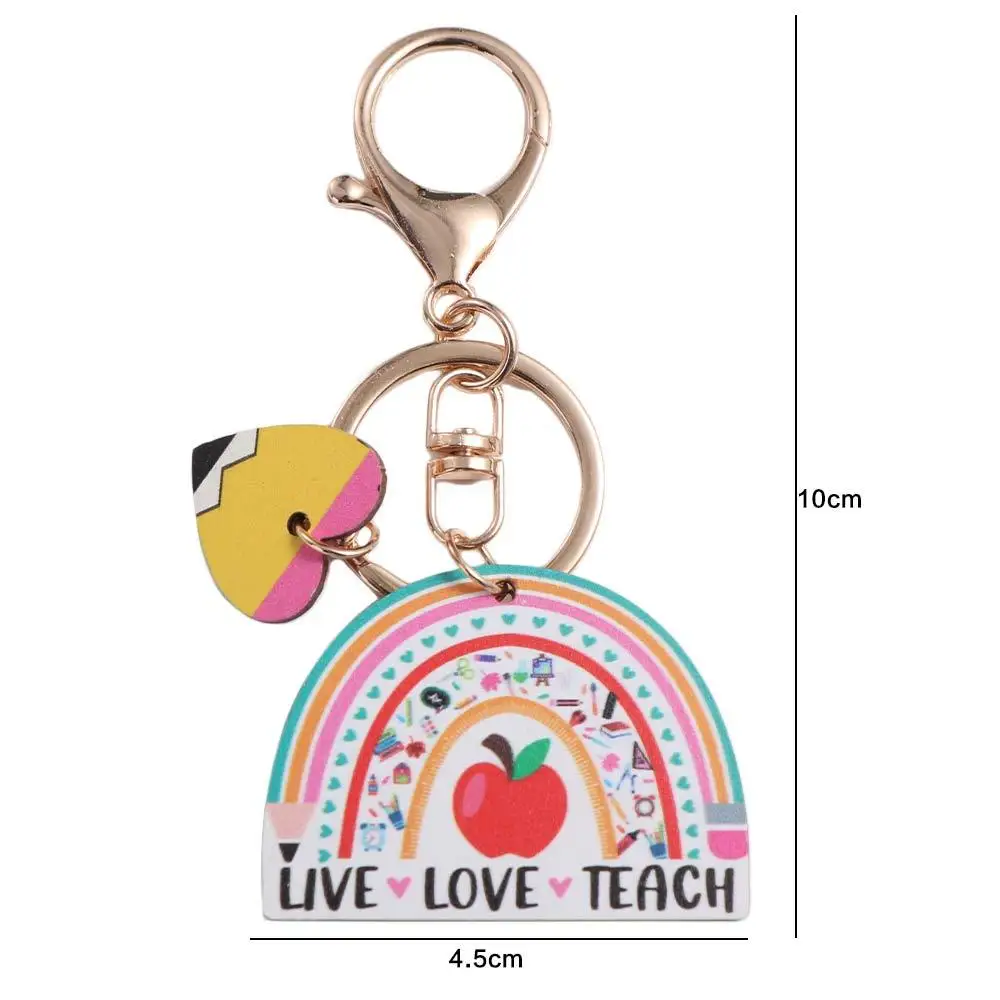 Wooden Pencil Rainbow Keychain Geometric Shape English Letter Teacher's Day Keychain Art Charm Teacher Education Pendant