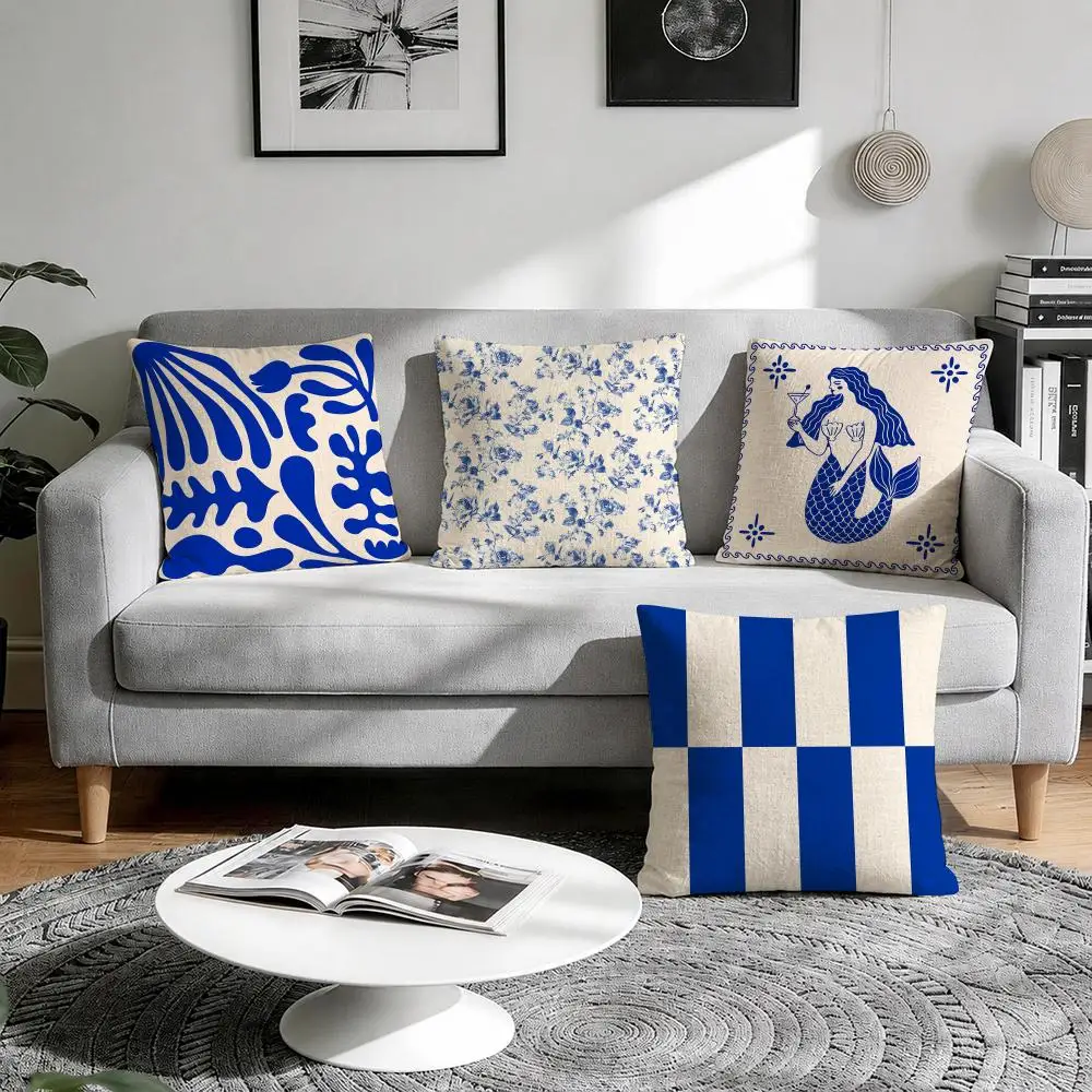 Blue Coastal Nautical Mediterranean Cushion Cover Natural Breathable Durable Linen Printed Decor Pillow Case Sofa Bedroom