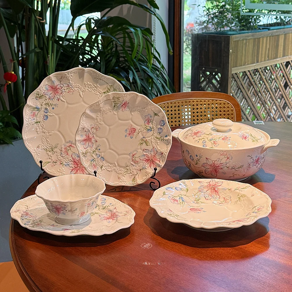 

Retro Moonlight Lace Floral Relief Western Dinner Plate Flat Rice Bowl Fruit Bowl ternoon Tea Plate Cerc High Temperatur...