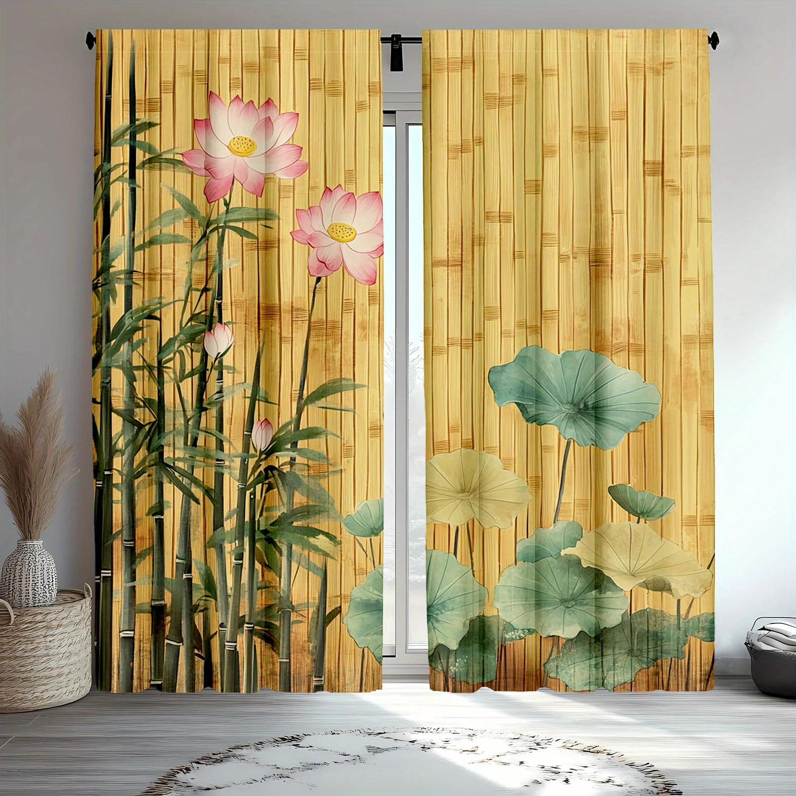 2pcs Bamboo Lotus Oriental Zen Curtains Blackout Drapes for Study Asian Decor Traditional Plant Print Window Treatment Panels