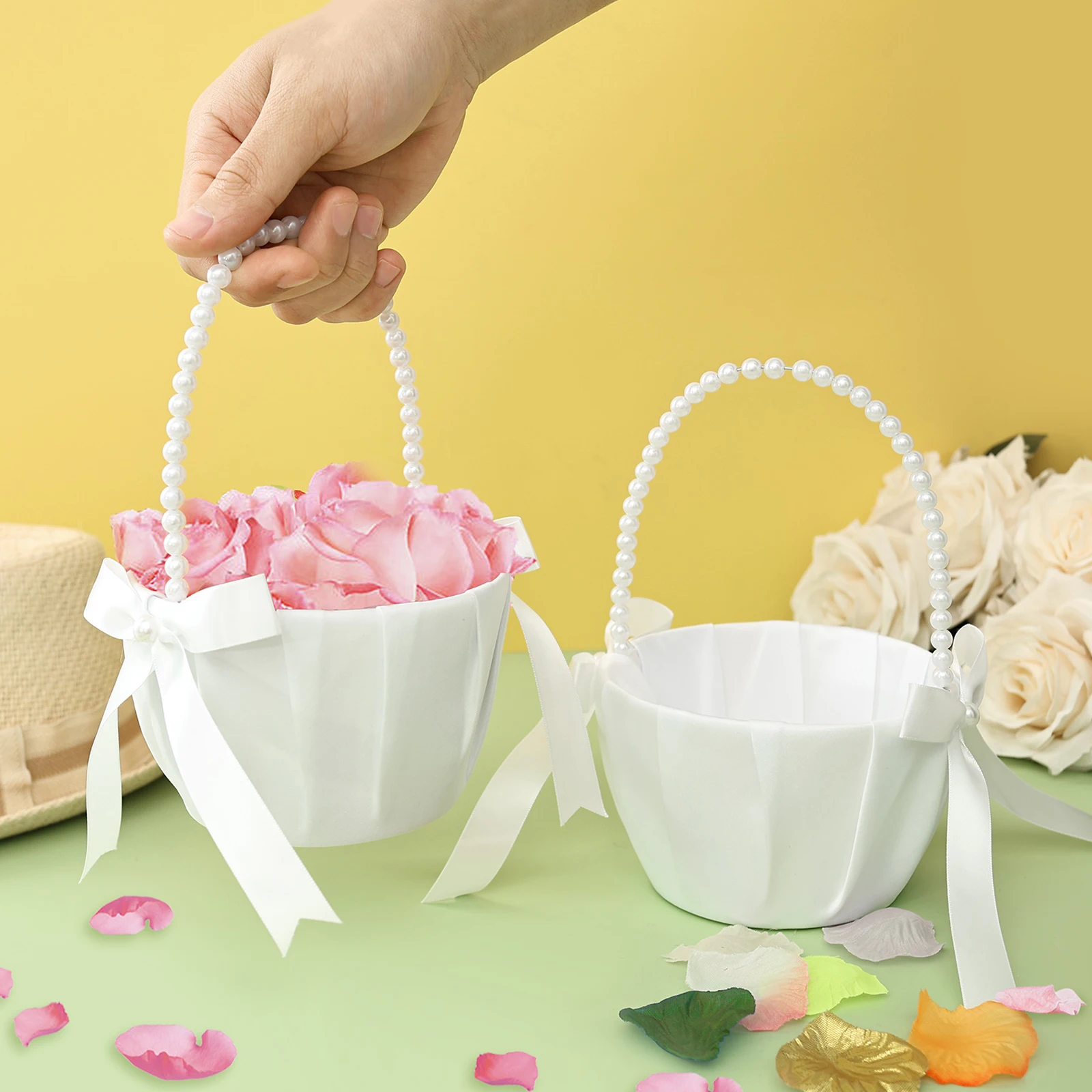 

2 шт., свадебная корзина с цветочным узором для девочек, атласная атласная корзина с бантом в западном деревенском стиле с ручкой из искусственного жемчуга для невесты/детей, украшения для свадебной церемонии