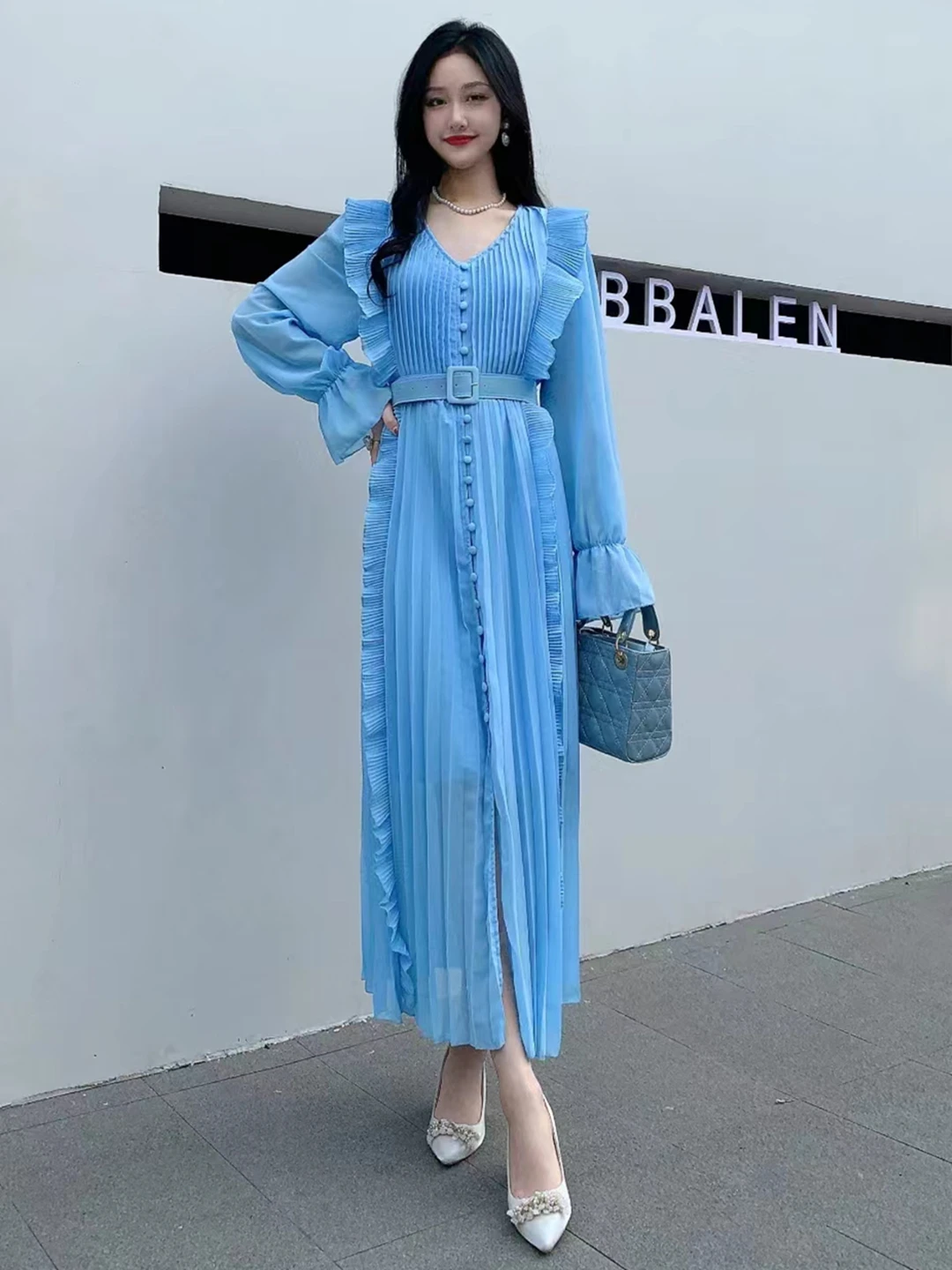 2024 New Spring Autumn Women V-Neck Long Sleeve Belt Slim Long Dress High Quality Sweet Ruffles Patchwork Pleated Chiffon Dress