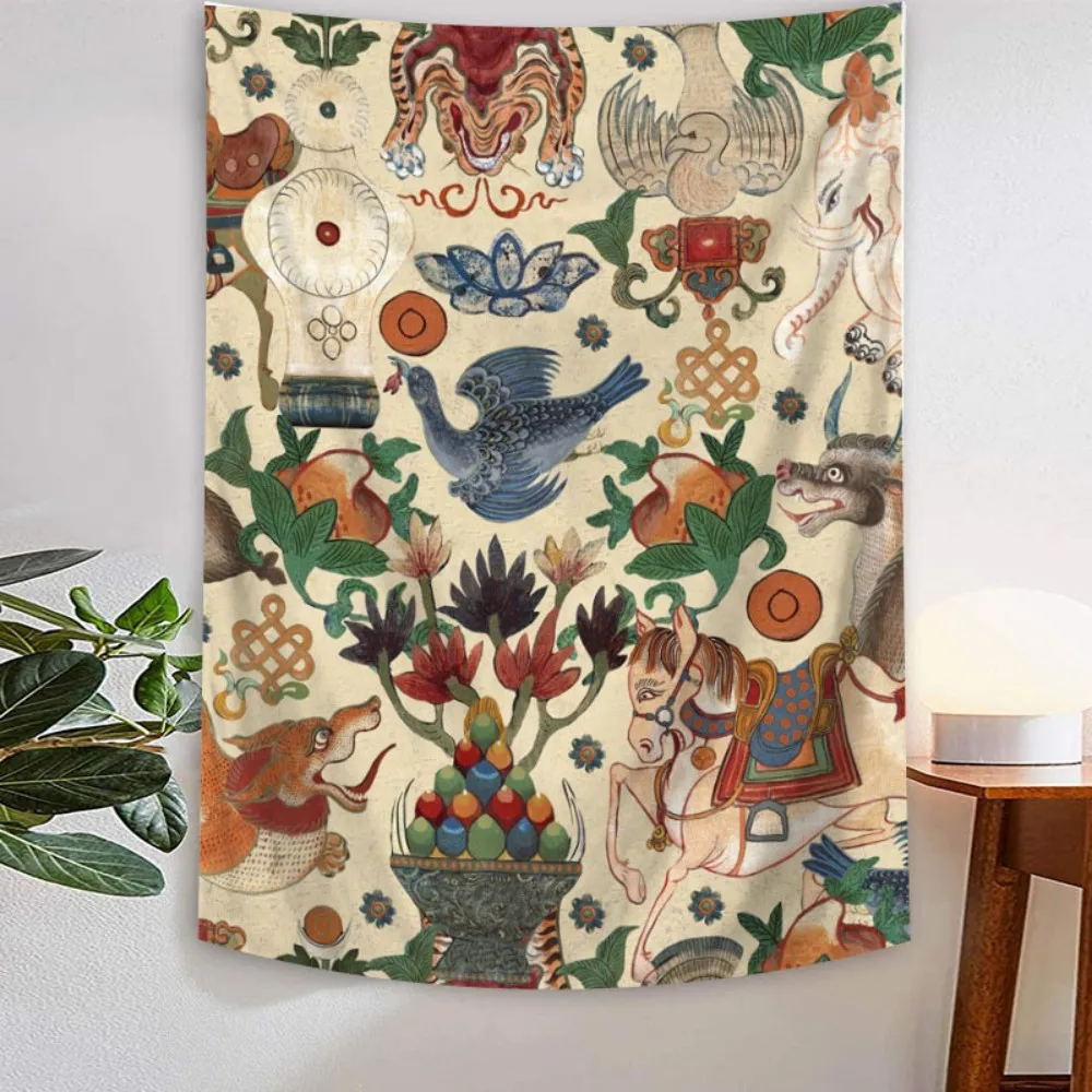Vintage Oriental Folk Art Tapestry, Boho Tiger Deer Gourd Floral Print Wall Hanging for Bedroom Dorm Living‑Room Decoration