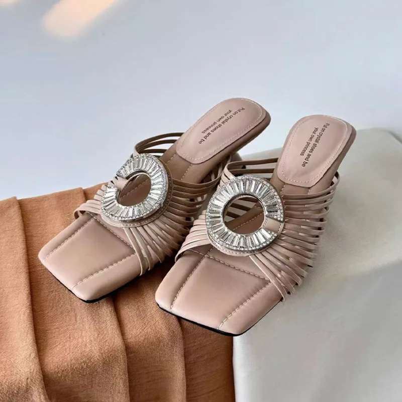 

Luxury Crystal High Heels Women Sandals Summer Shoes Slippers 2026 Pumps New Square Toe Shoes for Woman Slingback Flip Flops