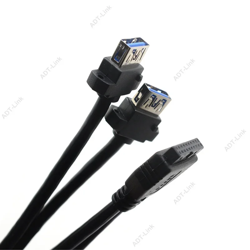 Dual Ports USB 3.0 Female Screw Panel Mount To Motherboard 20 Pin Header Flat Cable Cord 0.9m